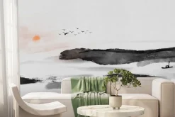 Fototapeta: Krajobraz w stylu chińskim morze ptaki zachód słońca