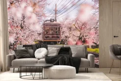 Fototapeta: Krajobraz z pociągiem i kwitnącą wiśnią w kioto