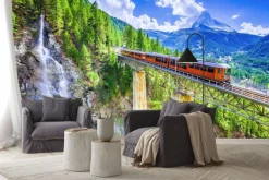 Fototapeta: Krajobraz z wodospadem i pociągiem na moście