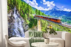 Fototapeta: Krajobraz z wodospadem i pociągiem na moście