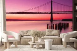 Fototapeta: Krajobraz z zachodem słońca i mostem na tle różowego nieba