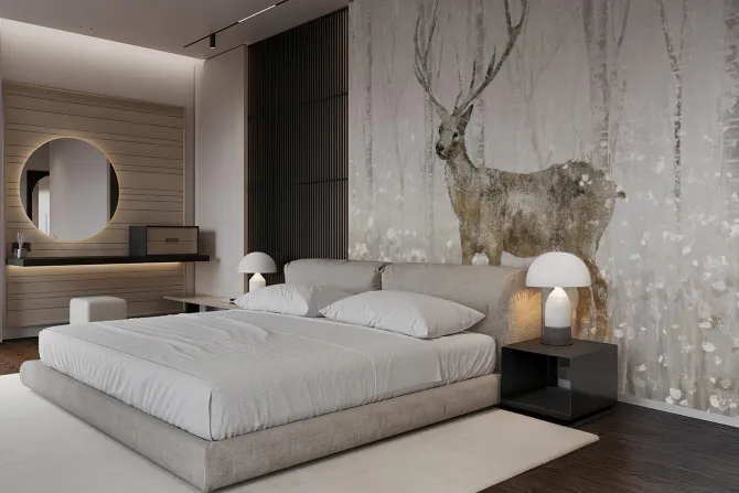 Fototapeta: Krajobraz zimowego lasu z jeleniem