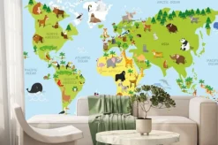 Fototapeta: Kreskówkowa mapa świata ze zwierzętami kontynentów