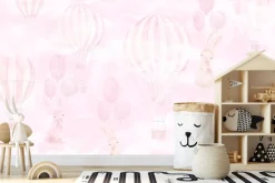 Fototapeta: Króliki z balonami na tle różowego nieba akwarela