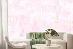 Fototapeta: Króliki z balonami na tle różowego nieba akwarela