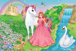 Fototapeta: Księżniczka i jednorożec w bajkowej krainie z zamkiem