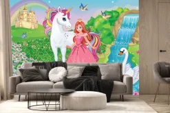 Fototapeta: Księżniczka i jednorożec w bajkowej krainie z zamkiem