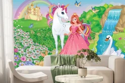 Fototapeta: Księżniczka i jednorożec w bajkowej krainie z zamkiem