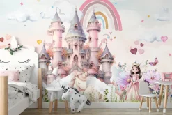 Fototapeta: Księżniczka na tle zamku z magicznym jednorożcem