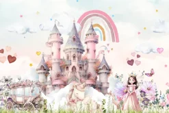 Fototapeta: Księżniczka na tle zamku z magicznym jednorożcem