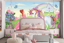 Fototapeta: Księżniczka z jednorożcem w bajkowej krainie na tle zamku