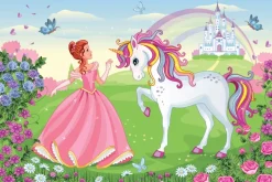 Fototapeta: Księżniczka z jednorożcem w bajkowej krainie na tle zamku
