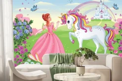 Fototapeta: Księżniczka z jednorożcem w bajkowej krainie na tle zamku
