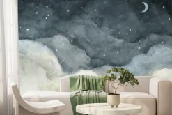 Fototapeta: Księżyc i gwiazdy na akwarelowym tle