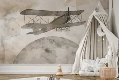 Fototapeta: Księżyc i samolot w pastelowej akwarelowej ilustracji