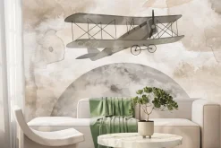 Fototapeta: Księżyc i samolot w pastelowej akwarelowej ilustracji