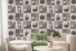 Fototapeta: Kwadratowe kafelki z naczyniami kuchennymi