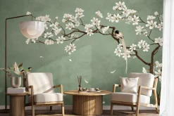 Fototapeta: Kwiat wiśni z ptakami na zielonym tle