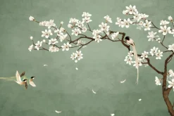 Fototapeta: Kwiat wiśni z ptakami na zielonym tle