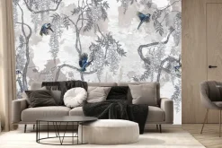 Fototapeta: Kwiatowe drzewa z ptakami na betonie