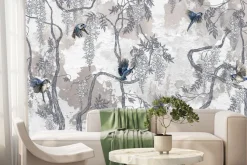 Fototapeta: Kwiatowe drzewa z ptakami na betonie