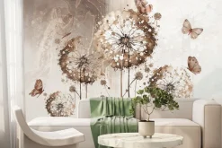 Fototapeta: Kwiaty dmuchawce i motyle na tle z teksturą elegancki wzór