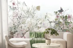 Fototapeta: Kwiaty gałązki i motyle na polanie w stonowanych kolorach