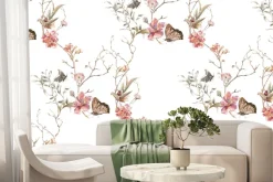 Fototapeta: Kwiaty i motyle na gałązkach w stylu akwareli delikatna ilustracja