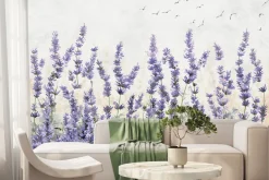Fototapeta: Kwiaty lawendy na tle ptaków