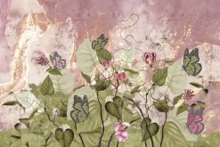 Fototapeta: Kwiaty liście i motyle na tle betonu wzór inspirowany naturą