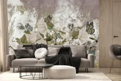 Fototapeta: Kwiaty liście i motyle na tle betonu wzór inspirowany naturą