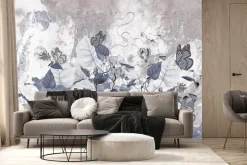 Fototapeta: Kwiaty liście i motyle na tle betonu wzór inspirowany naturą