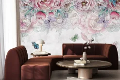 Fototapeta: Kwiaty piwonie z motylami i liśćmi w stylu akwareli na jasnoszarym