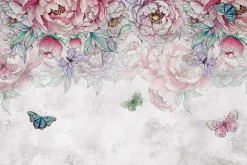 Fototapeta: Kwiaty piwonie z motylami i liśćmi w stylu akwareli na jasnoszarym