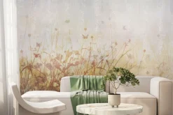 Fototapeta: Kwiaty polne i motyle na tle łąki retro ilustracja