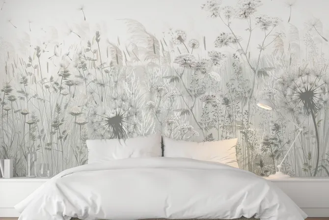 Fototapeta: Kwiaty polne i dmuchawce botaniczny motyw roślinny w odcieniach