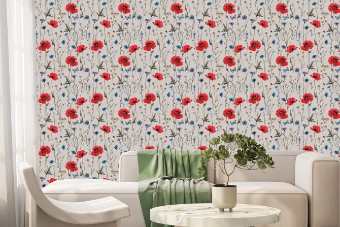 Fototapeta: Kwiaty polne maki chabry i niebieskie motyle naturalny botaniczny