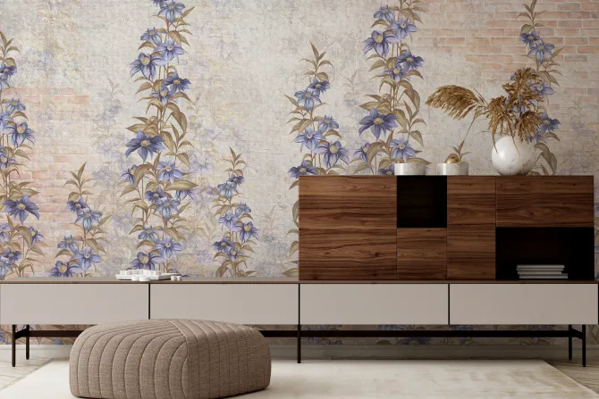 Fototapeta: Kwiaty w odcieniach niebieskiego na ceglanej ścianie