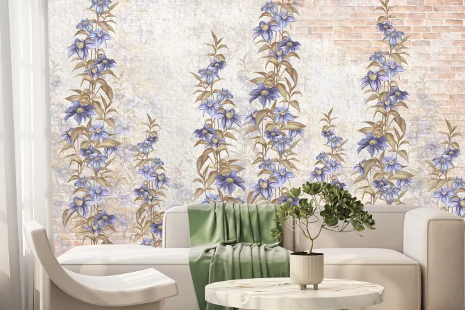 Fototapeta: Kwiaty w odcieniach niebieskiego na ceglanej ścianie