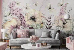 Fototapeta: Kwiaty w stylu akwareli na letniej łące z białymi motylami botaniczny