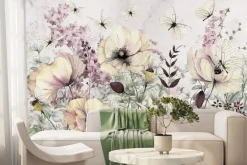 Fototapeta: Kwiaty w stylu akwareli na letniej łące z białymi motylami botaniczny