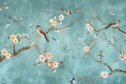 Fototapeta: Kwiaty wiśni i gałęzie na niebieskim tle