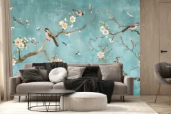 Fototapeta: Kwiaty wiśni i gałęzie na niebieskim tle