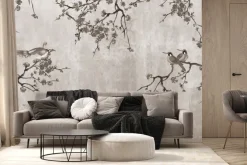 Fototapeta: Kwiaty wiśni z ptakami na betonie w szarości