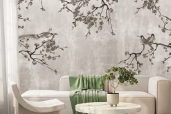 Fototapeta: Kwiaty wiśni z ptakami na betonie w szarości