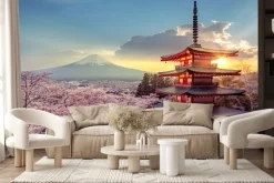 Fototapeta: Kwiaty wiśni z japońskim domem i górami