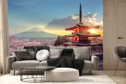 Fototapeta: Kwiaty wiśni z japońskim domem i górami