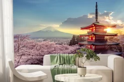 Fototapeta: Kwiaty wiśni z japońskim domem i górami
