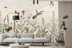 Fototapeta: Kwiecista łąka i ptaki krajobraz