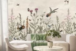 Fototapeta: Kwiecista łąka i ptaki krajobraz